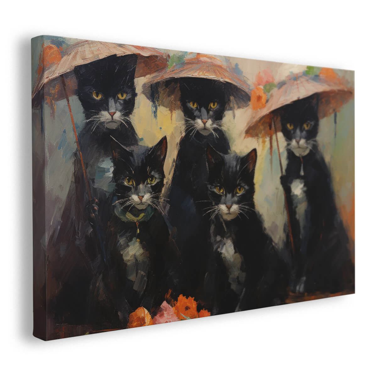 Tableau Quintette Chats Sous la Pluie